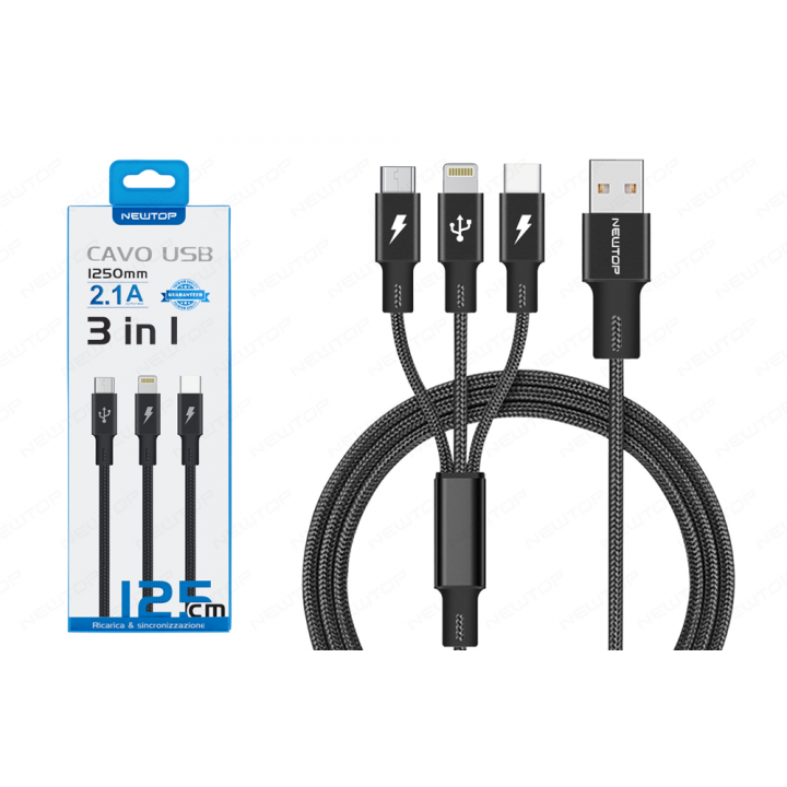 Newtop kabel 3 v 1 MICRO USB, TYPE-C, APPLE Lightning 1,25m 